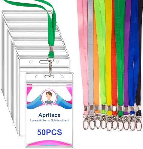 Apritsce Porta Tarjetas Colgante, 50PCS Plástico Porta Tarjetas con Cordones, Transparente Identificadores Personales Funda Tarjeta Identificación, para La Escuela Festival Evento(Vistoso, Vertical)