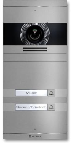 Metzler VDM10 2.0 Video Sprechanlage mit Türöffner (Stromversorgung) & Namensschild - Anschluss LAN POE - Türsprechanlage mit HD-Kamera, für 2 Familienhaus, in Grau aus V2A Edelstahl