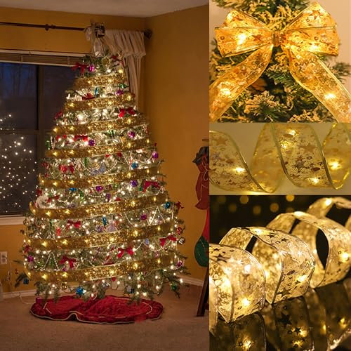 UAVAUI Christmas Tree Ribbon String Light, 16ft 50 LED Lights Copper Wire Ribbon Bows Lights, for Bedroom Party Christmas Tree Decorations Wedding Birthday Party Home Holiday Decor (Gold)