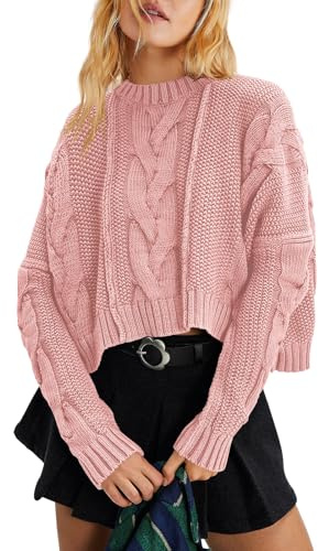 Panadila Cropped-Pullover für Damen, Rundhalsausschnitt, Zopfmuster, gerippt, langärmelig, weich, kastenförmig, rosa - dusty pink, Groß