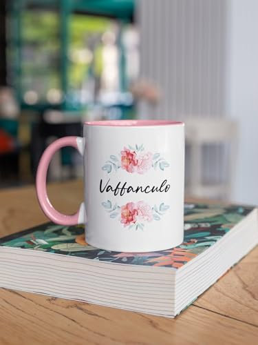 Hermsheide Kaffeetasse Vaffanculo Blumenkranz Italien Italienisch Italien Italienerin Geschenkidee (Rosa Rim)