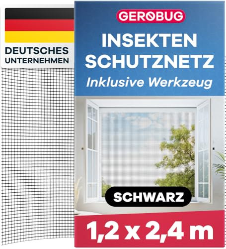 GEROBUG Fliegengitter Fenster ohne Bohren - 120x240 cm 1 Stück, schwarz - feinmaschiger Fenster Fliegengitter mit Klebestreifen - Insektenschutz Fenster - Fliegennetz Fenster, Mückennetz Fenster