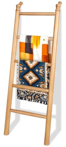 SEKSON Wooden Blanket Ladder Living Room Fully Assembled 5ft (57) Quilt Ladder Decorative Solid Wood Ladders Farmhouse Rustic Throw Blanket Rack Holder for Bedroom Bathroom Home Decor Display, Brown