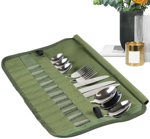 Rproonay Besteck-Aufbewahrungstasche, Kochutensilien-Organizer, aufrollbare Besteckaufbewahrung, leicht zu reinigen, kompakt und platzsparend, 235 g, 13 Taschen, für Gabeln, Löffel, Essstäbchen