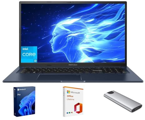 ASUS Vivobook Ordinateur portable, écran FHD antireflet de 17,3, Core i3-1215U (jusqu'à 4,4 GHz), RAM 16 Go, SSD 512 Go + SSD portable 128 Go, WiFi 6E, webcam, clavier, copilote, avec bureau à vie