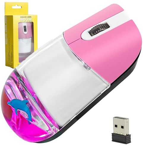 Wireless Mouse, Cute Animal Floating in Oil Quicksand Silent Lightweight Aqua Portable Transparent Water Optical Liquid Mice, 3-Button, Ambidextrous, with USB Receiver for Computer Laptop Gift (Pink)