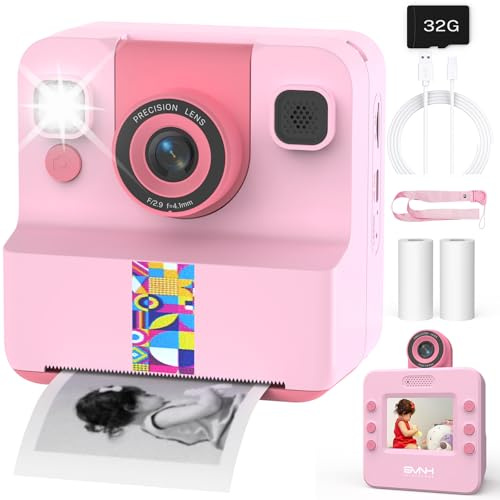 SYLVANTHOS Kinder Sofortbildkamera, 1080p Sofortdruck Kamera für Kinder, 180° drehbares Selfie Objektiv mit 32GB SD-Karte Geschenk für Jungen & Mädchen (3–12 Jahre), Rosa