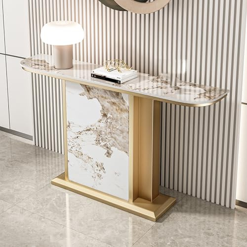 POWRZZZY Console Meuble Entrée Moderne Table de Couloir avec Bureau en Imitation Marbre Longue Table d'appoint Derrière Le Canapé avec Base Carrée pour Salon Couloir Entrée(Gold,120x30x80cm)