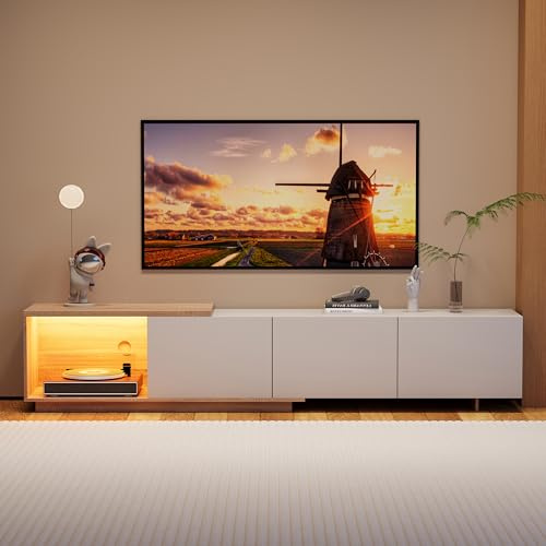 HYNHXBP Meuble TV Extensible, Moderne Table Télé avec LED et 3 tiroirs et Rangement Ouvert, Meuble TV pour TV jusqu'à 65, 240 x 38 x 44 cm (Blanc)