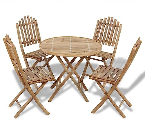 Tonture 5-TLG. Garten-Essgruppe Klappbar Bambus, Wetterfestes Outdoor-Möbelset, Massiver Balkon-Tisch mit 4 Stühlen, Platzsparendes Patio-Möbelset für Außenbereich