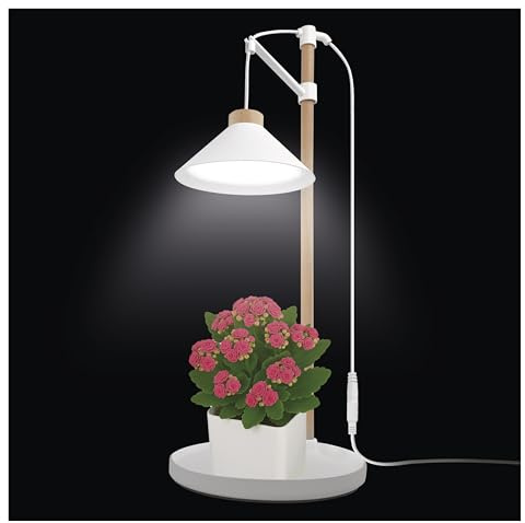 EMOS - LED-Grow-Lampe für Zimmerpflanzen und Kräuter - Wachstumslampe mit Naturholz und Timer, höhenverstellbar - Helligkeit 450lm - hoher Farbwiedergabeindex Ra>95, inkl. Netzteil - Weiß/Naturholz