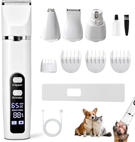 4 en 1 Silencioso Maquina cortar pelo perros y Gatos, Cortapelos Perros Silencioso Recargable con pantalla LCD, Profesional Maquina de Cortar pelo para Cuerpo, Patas, Ojos, Orejas y Caras