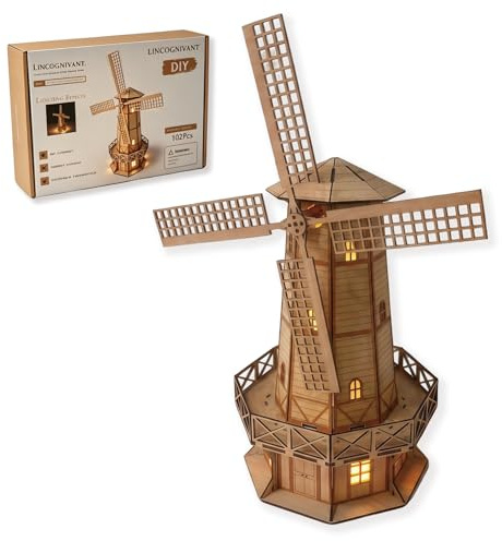DIY Wooden Windmill Model Kit, 3D Wooden Puzzle Mechanical Building Kit, Laser Cut Craft Model for Adults Teens, STEM DIY Home Decor Gift, 100+ Pieces