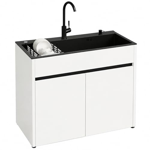 Lavello da Esterno Autoportante con Mobile 68/80cm, Corpo in Alluminio Alveolare con Miscelatore Caldo/Freddo, Scolapiatti Estensibile per Garage Giardino Officina