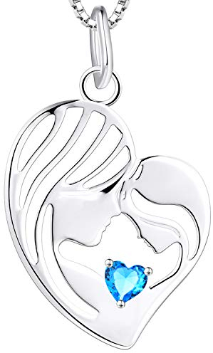 YL Mutter und Tochter Kette 925 Sterling Silber März Geburtsstein Aquamarinblau Zirkonia Herz Anhänger Halskette Geschenke für Mutter Damen, 45-48 CM