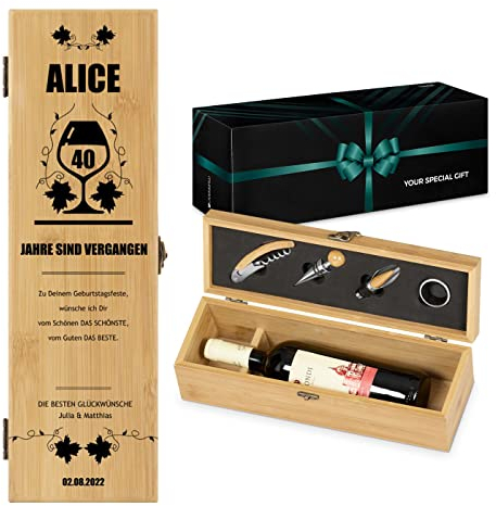 Maverton Weinbox für 0,7L Weinflasche - Wein Holzbox personalisiert + 4er Weinzubehör - Weinset Weinkiste - Weihnachtsgeschenke - aus Bambus - Braun - Geschenk zum Geburtstag für Frauen - 40 Jahre