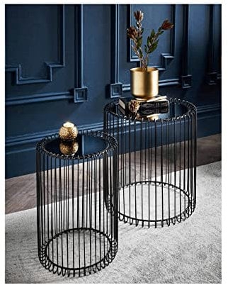 spot on dealz® Nesting Tables Set of 2 Round End Tables Living Room Wire Coffee Table Cage Black Bedside Glass Mirrored Top Caged Side Indoor Furniture