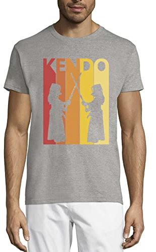Retro Poster Styled Kendo Martial Arts Graphic Herren T-Shirt aus Baumwolle mit Rundhalsausschnitt Grau XX-Large