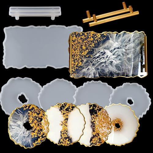 EPODA Silikonform Tablett Set mit Griffen, Silikonform-Untersetzer und Epoxidharz-Tablett für Resin-DIY-Harzkunst, große rechteckige Silikon-Gießform mit 4 Stück Untersetzer-Formen