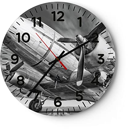 Modern Wanduhr Flugzeug Retro Flugzeug 40x40cm Rund Groß Wand Uhr Glas Analog Zimmeruhren Küche Büro Wohnzimmer Glasuhr Wall Clock Dekoration Design Wanddekoration Küchenuhr C4AR40x40-4952