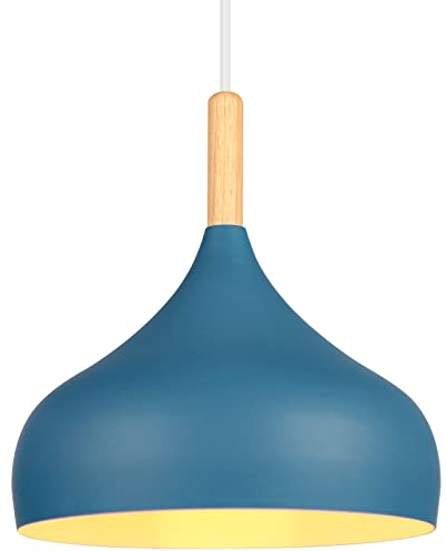 iDEGU Lámpara de Techo Retro LED Lámpara Colgante Moderna en Madera Metal Estilo Escandinavo E27 Iluminación de Techo Vintage Lámpara para Dormitorio Comedor Cocina, 24CM (Azul Oxford)