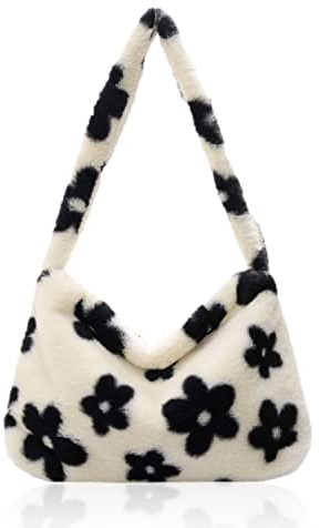 PFLYPF 1 Stück Plüsch-Einkaufstasche, Schulterkette, Mode-Frauen-Blumen-Plüsch-Schulter-Kurier-Umhängetasche, flauschige Tasche mit großer Kapazität, Unterarm-Geldbörse, Blumenmuster-Handtasche