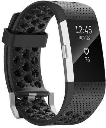 honecumi Bracelet Compatible avec Fitbit Charge 2 Bracelet Hommes Femmes, Charge 2 Souple Silicone Classiques Reglables Sport Bracelet Accessoires Élégant Sangle, Grand/Noir