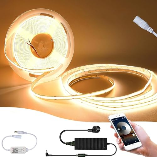 SUBOSI 5M Wifi Dimmbar COB LED Streifen DC24V 2700K Intelligente App Steuerung 384LEDs/M 6W/M LED Strip mit Wifi Dimmer und GS Netzteil,Band Lichtleiste Arbeitet mit Google Home Assistant/Alexa