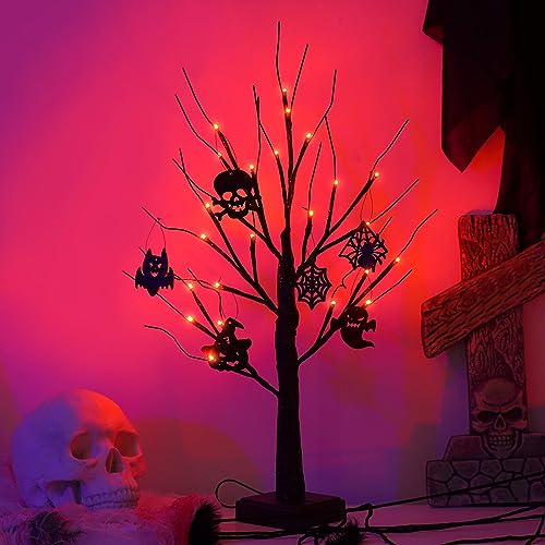 ACAREY Halloween Deko LED Baum Licht mit 24 LEDs, Halloween Lichterbaum Spinne Spinnennetz für Innen Halloween Baum Deko Bäumchen Lichterbaum Für Halloween Tisch Herbstdeko Zum Aufhängen (Holz Deko)