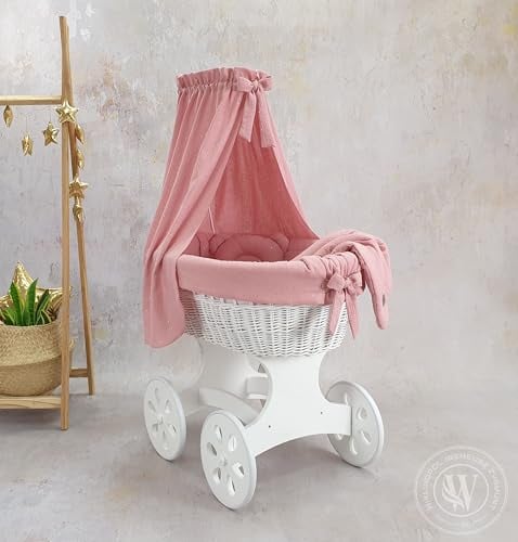 Moseskorb weiß mit Gestell und Matratze mit Baldachin und Bettwäsche (Rosa)