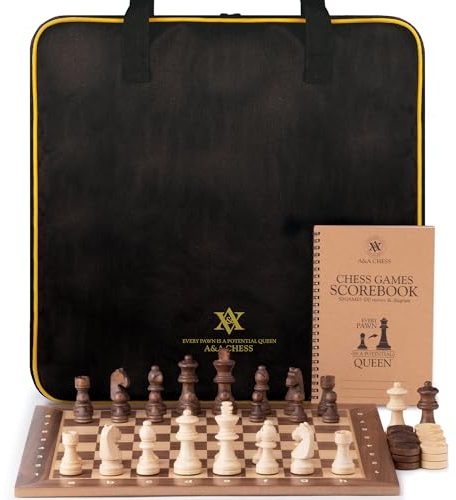 A&A Professional Wooden Chess and Checkers Set, 15.5 Wooden Board with 3 Weighted Wooden Chess Pieces(2 Extra Queens), Chess Scorebook and Storage Bag