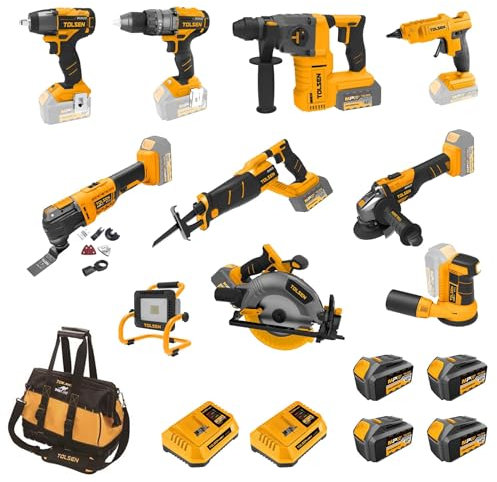 Tolsen Set di 11 Macchine Elettroutensili Serie MP20 Brushless + 4 Batterie 4Ah + 2 Caricabatterie 4 Ah