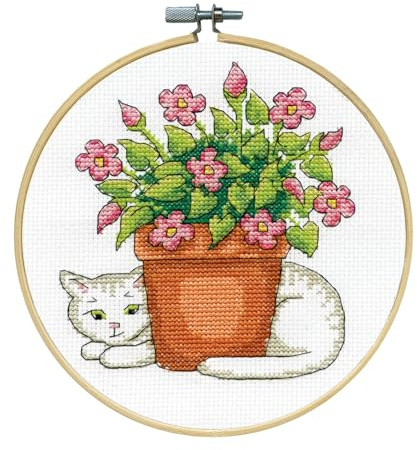 Design Works Crafts Kreuzstich Stickpackung mit Stickrahmen Blumenkatze, Zählmuster
