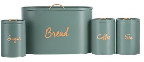 Innoteck Essentials Bread bin and Canister Set - Decorative Kitchen Food Storage for Bread, Tea, Coffee, and Sugar - Easy to Open - Airtight Lids with Copper Handle - Storage Containers - Set of 4 Pcs