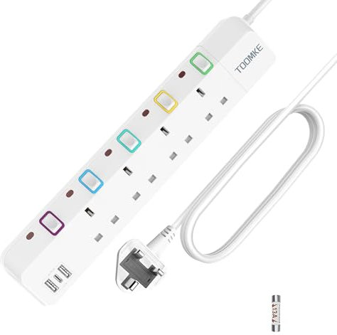 10M Extension Lead with Switches, 4 Way Extension Lead with 3 USB Ports (2 USB-A&1 USB C), Child Safety Protection Power Strip UK Plug Extension Socket 10 Meters Power Cord for Home Office