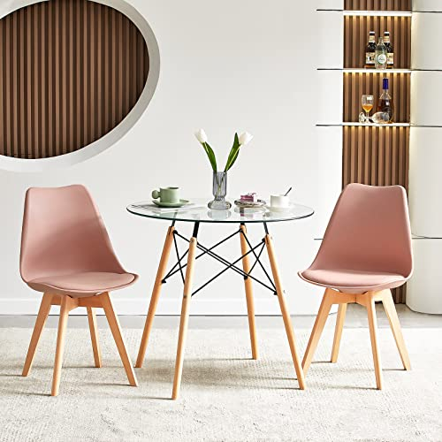 FURNITABLE Essgruppe Esstisch mit 2 Stühlen Esszimmergruppe, Runder Küchentisch-Set für 2 Personen Sitzgruppe für Wohnzimmer Küche Büro(Glas Tisch+2 Rosa Stühle)
