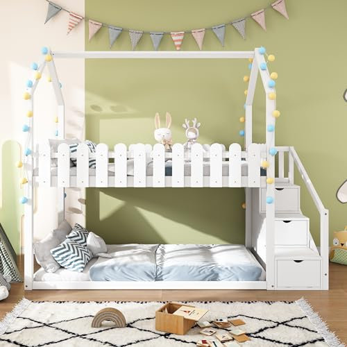 Ctastay Kinderbett Etagenbett 90x200 cm, Bett Hochbett Hausbett mit Stauraum Staufächer & Treppe, Holzbett Familienbett mit Rausfallschutz & 1x Lattenrost, Weiß (Ohne Matratze)