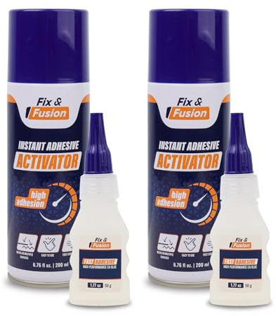FIX & FUSION Ca Super Glue (50 gr) with Activator Spray (200 ml) Set, Fast Adhesive/Cyanoacrylate Glue & Instant Activator for Woodworking, Plastic, Rubber, Granite, DIY & Industrial, (2 Pack)