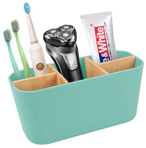 Porte Brosse à Dents en Bambou, Support Brosse a Dent Electrique 5 Compartiments Amovible, Rangement Brosse a Dent Stand, Multifonction Organisateur Salle de Bain Familiale (Bleu)