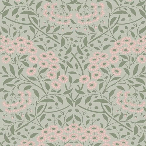 World of Wallpaper Botanical Damask Wallpaper for Cotttage Style Bedrooms, Living Rooms, Classic Floral Damask Themed Wallcovering Sage Green/Pink AF0037