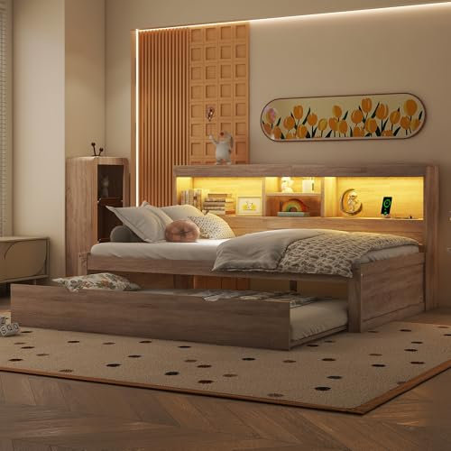 Gegtuon Kinderbett Einzelbett Holzbett 90x200 cm mit LED-Licht & USB-Buchse für Kinder, Jugendbett mit Ausziehbares Bett und Stauraum Regal, Bettgestell mit Lattenrost aus Holz, ohne Matratze, Natur