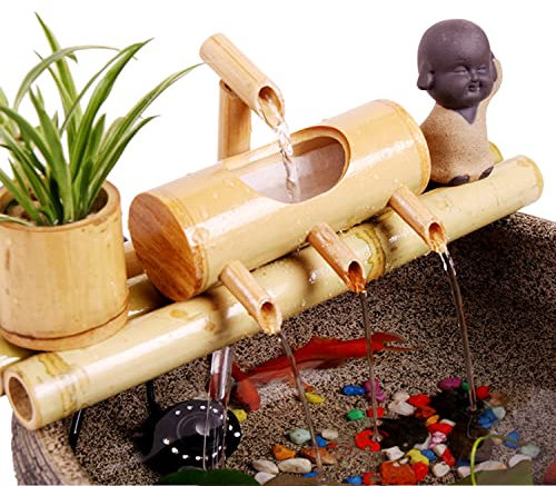 ASerZenith Bambusbrunnen Mit Zen-Figur, Gartenbrunnen Für Drinnen Und Draußen Mit Pumpe, Für Schwimmbäder Und Gartendekorationen, 25 cm(40cm)