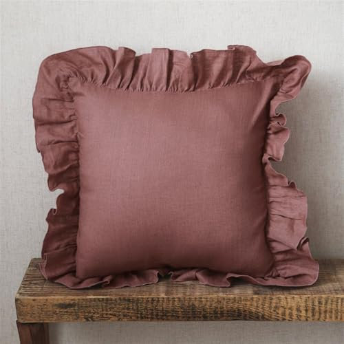 Insun Lot de 2 Housses Coussin Décoratives en Lin, Taie Oreiller à Volants avec Fermeture Éclair Invisible pour Salon Chambre Rose poudré 40 x 40 cm