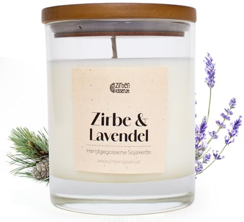 Zirbenkerze Pure Zirbe und Lavendel | Zirbenduftkerze mit Lavendelnote | Duftkerze mit etherischen Ölen der Zirbe und Lavendel | Hergestellt in Österreich | 250ml | hohe Brenndauer