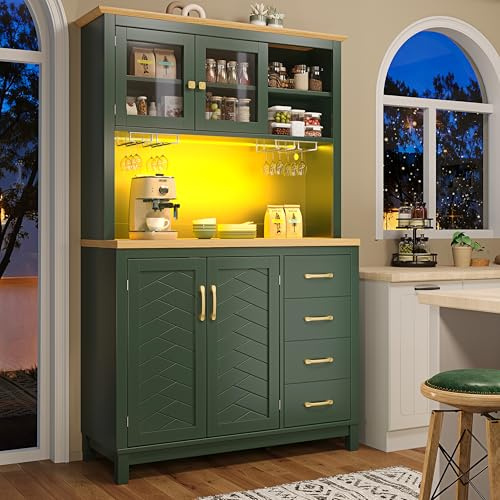 Merax 180cm küchenschrank mit LED & Glastür, Buffetschrank Sideboard für Küche mit Holzfarbe Arbeitsplatten, 2 Schubladen, Weinglasregal, Landhausstil Hochschrank Küchenbuffet Vorratsschrank, Grün