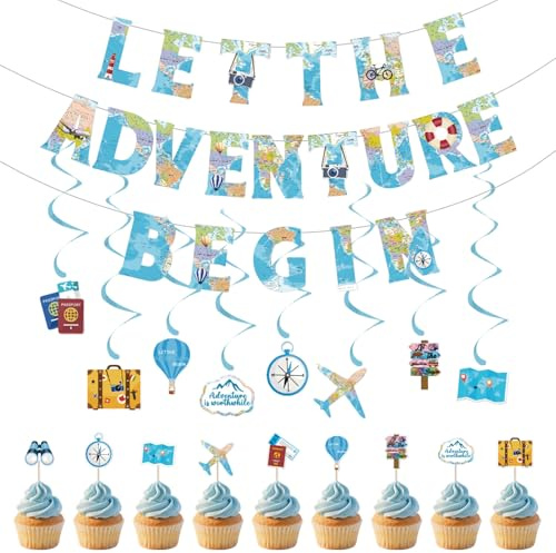 Werownsgso Let The Adventure Begin Banner 37 Stück Reise Motto Partydekoration Wimpelkette Banner für Reisen Hängende Wirbel für Weltreisen Maritime Partys Ruhestand Abschlussfeiern Abschiedspartys
