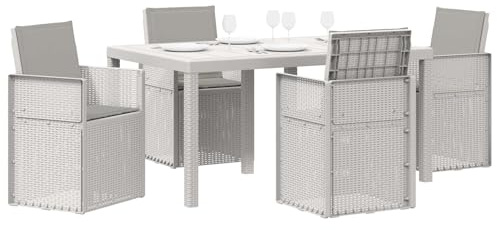 vidaXL Garten Essgruppe mit Kissen 5 pcs Weiß und Hellgrau PP, Moderne, wetterfeste, UV-beständige, stylische Gartenmöbel, Essgruppe für die Terrasse, langlebige Sitze