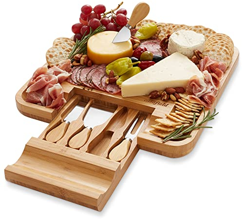 Casafield - Tagliere e coltello per formaggio in bambù biologico, vassoio da portata in legno per salumi, frutta e cracker, cassetto scorrevole con 4 coltelli in acciaio inox