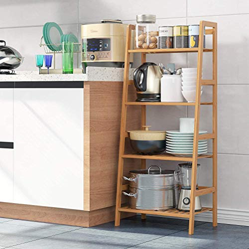 RAXTER 4 Tier Ladder Shelf Unit Bamboo Storage Shelves Bookcase Stand Shelves Plant Stand 115x48x32cm