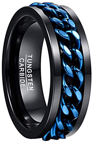 NUNCAD 8mm Black Tungsten Carbon Chain Spinner Ring Rotatable Link for Men Relieve Anxiety Fidget Band Ring Comfort Fit Size S